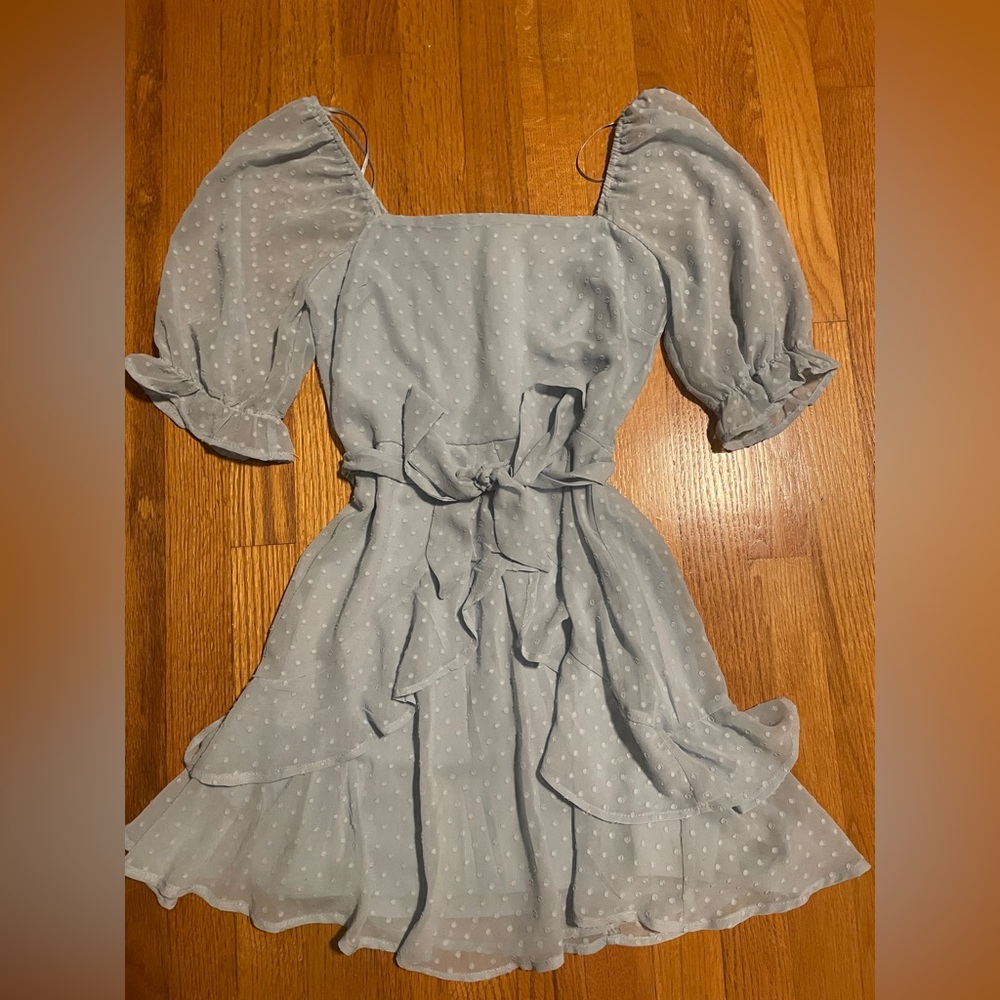 Francesca’s Blue Polka Dot Adjustable Bow Dress